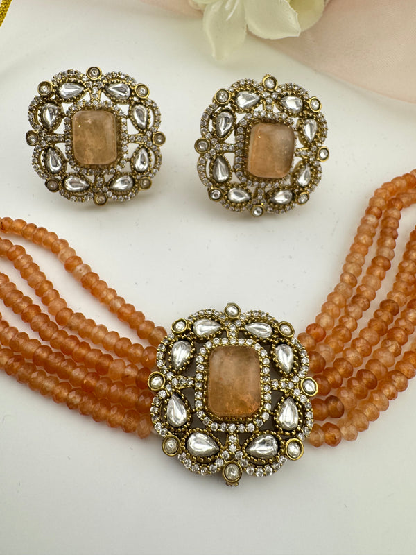 Moissanite Kundan, Hydro beads, CZ, Stones Choker necklace set, Indian Bridal Jewelry, chic set
