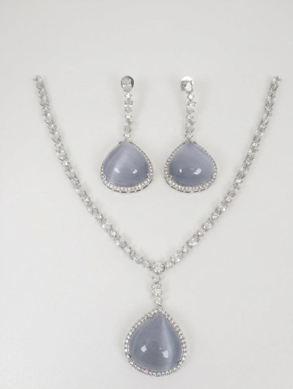 Stone and CZ Diamond Pendant Necklace Set, White Gold Plated set