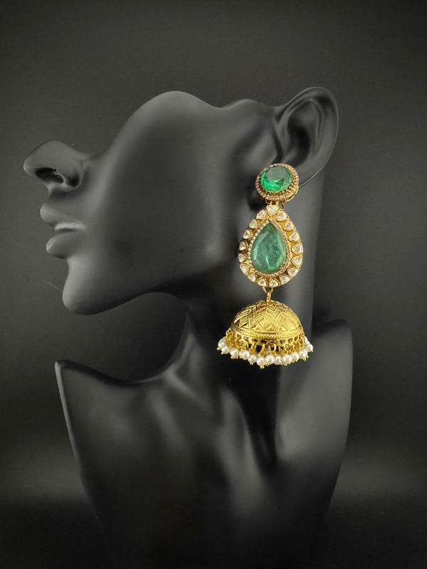 Amrapali Inspired Kundan, Doublet Stone, Pearls Long Jhumka Earrings, Matt Gold Designer Jewelry