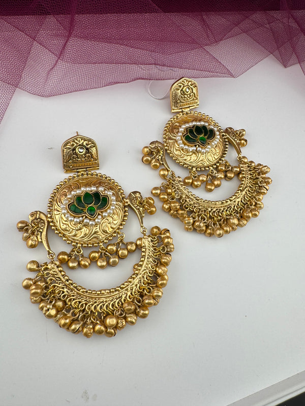 Kashmiri style, brass, stone and pearls chandbali oversized earrings, Indian Jewelry