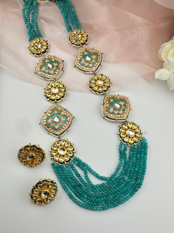 Kundan, Enamel, Minakari, Hydro Beads Long Gold Choker necklace set, Double sided Rani haar