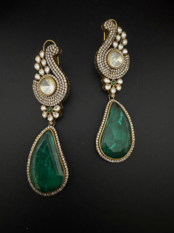 Kundan, CZ, Gold, Doublet Stone Chandelier Long Earrings, Bridal, Moissanite, CZ, Peacock Designer jewelry