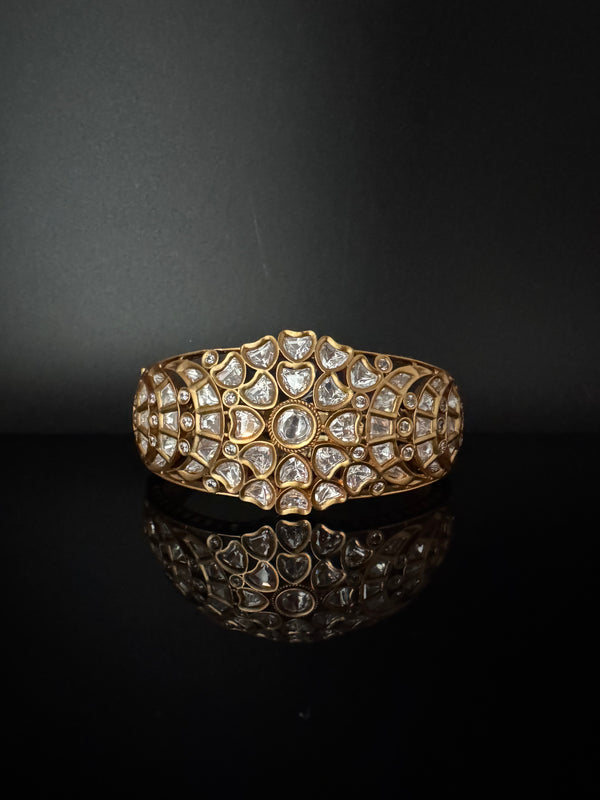 Moissanite Kundan, CZ Openable Bracelet Bangle, Gold Polish (Fits 2.6" wrists)