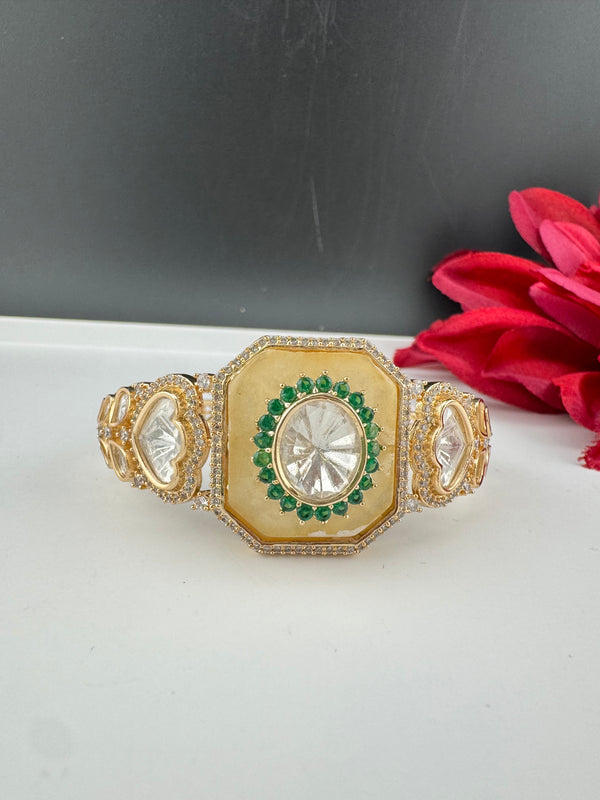 Moissanite Kundan, MOP, CZ Adjustable Bracelet Bangle, Gold Polish (Fits size 2.6")