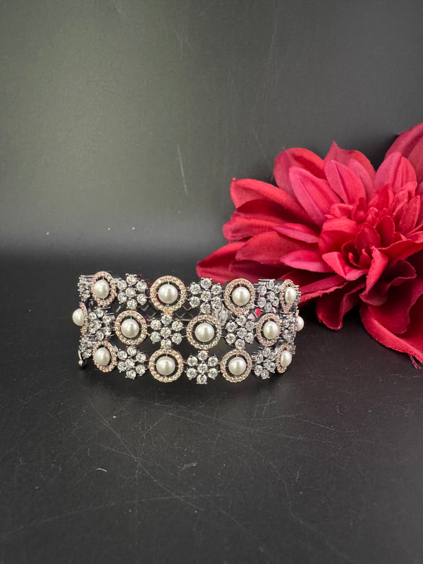 Openable Designer bracelet with Pearls, crystal stones, CZ Nano setting, Fits size upto 2.6"