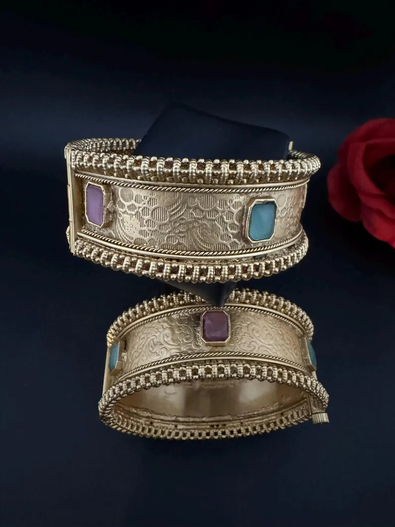 Amrapali inspired Designer Openable Broad bangle in Matt Gold finish set of 2