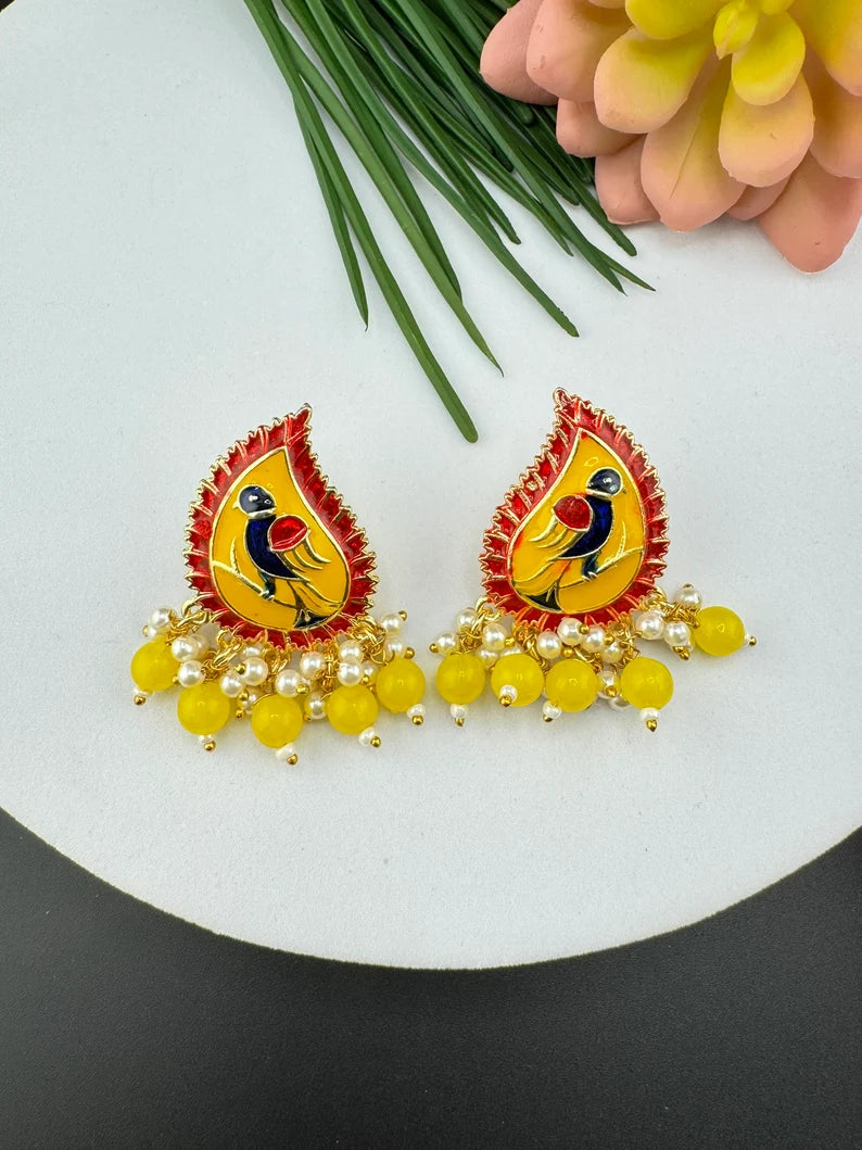 Minakari Small Stud with peacock design and pearls, Minakari detailed Gold earring