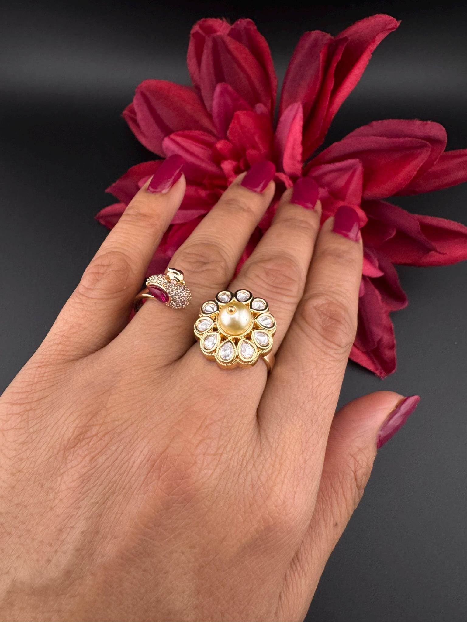 3D Premium 2 Finger Ring in kundan, Italian Mina(Enamel)/Adjustable Finger Ring/Indian Jewelry/Bollywood Jewelry/Indian Wedding jewelry