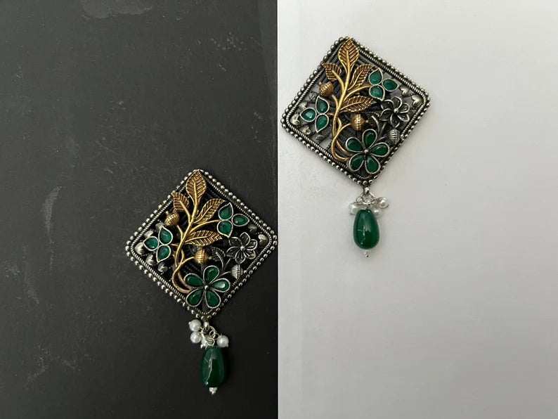 Green oxidized silver earring stud with stone and pearl, Oxidized silver earring