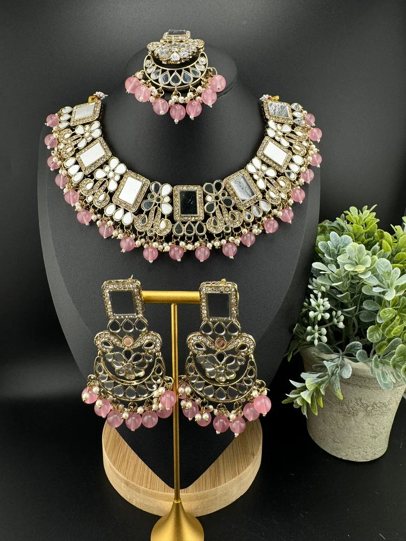 Mirror and pink pearls Necklace set with long earring and Tika