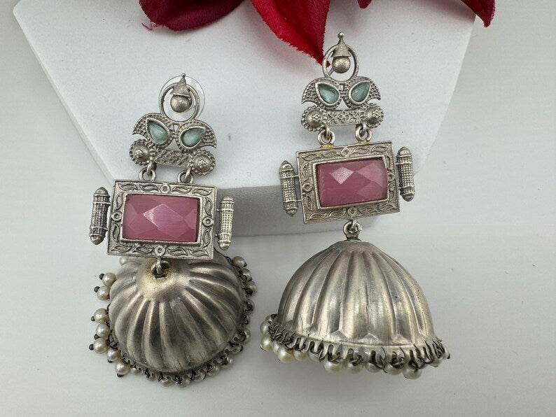 Oversized Oxidized German Silver Premium Jhumka earrings with Pink Monalisa stone