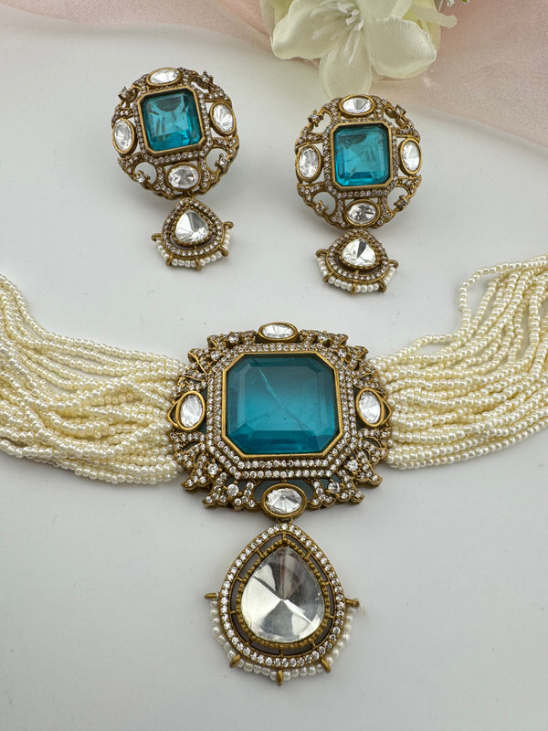 Hydro beads, CZ, Doublet Stones Choker necklace set, Indian Bridal Jewelry, chic set