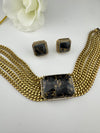 CZ, Mystic doublet stone, Antique gold tone Curb Link chain Choker necklace set with earrings