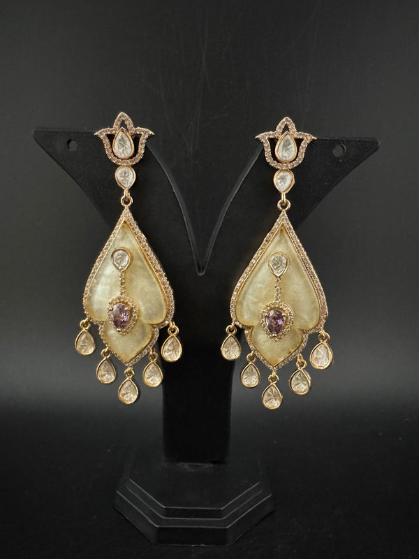 CZ and Gold, Mother of Pearl Chandelier Drop Earrings, Bridal, MOP Designer jewelry