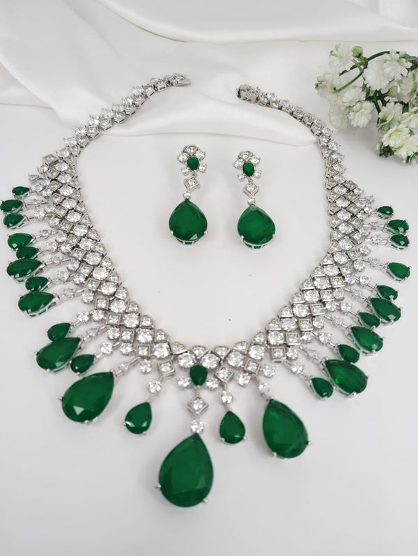 Green Doublet stone, Crystals and CZ Diamond all over Necklace Set, White Gold Plated
