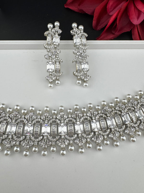 Step cut Crystals and CZ Diamond Statement Necklace Set, White Gold Plated Choker set