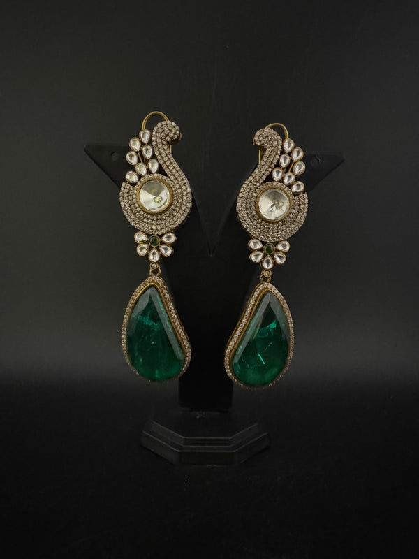 Kundan, CZ, Gold, Doublet Stone Chandelier Long Earrings, Bridal, Moissanite, CZ, Peacock Designer jewelry