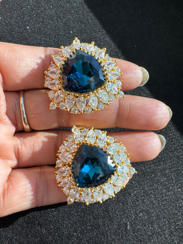 Gold Polish Crystal Stone Stud Earrings, Cubic Zirconia, AD, CZ, Indian Jewelry