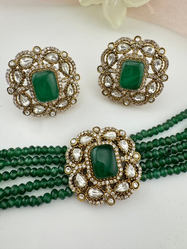 Moissanite Kundan, Hydro beads, CZ, Stones Choker necklace set, Indian Bridal Jewelry, chic set