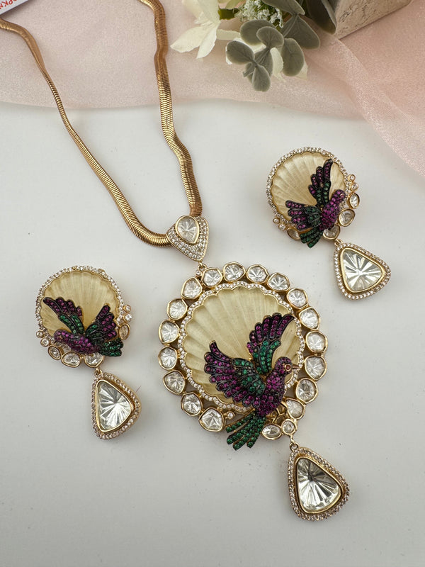 Kundan, CZ, MOP, Uncut Polki Long Pendant necklace set, 3D Pendant, everyday wear jewelry