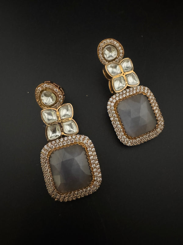 Gray and Gold Kundan, Stone Chandelier Drop Earrings, Bridal, Moissanite, CZ, Designer jewelry
