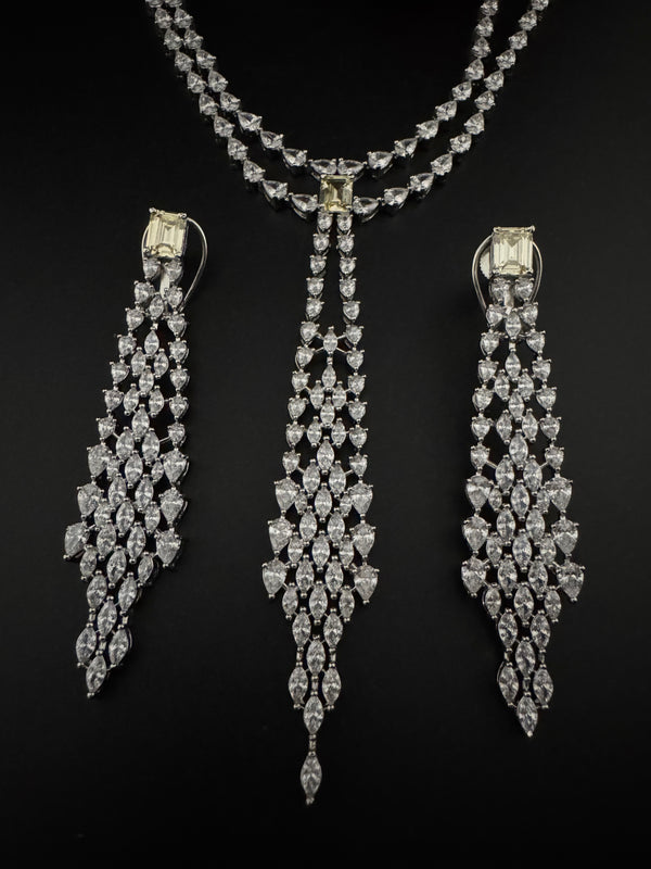 Crystals and CZ Diamond Statement double Layered Necklace Set, White Gold Plated Choker set