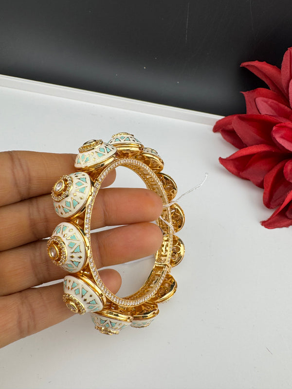 Moissanite Kundan, Enamel, CZ Rajwadi Pacheli Bracelet Bangle Kada, Gold Polish(fits 2.6" wrists)