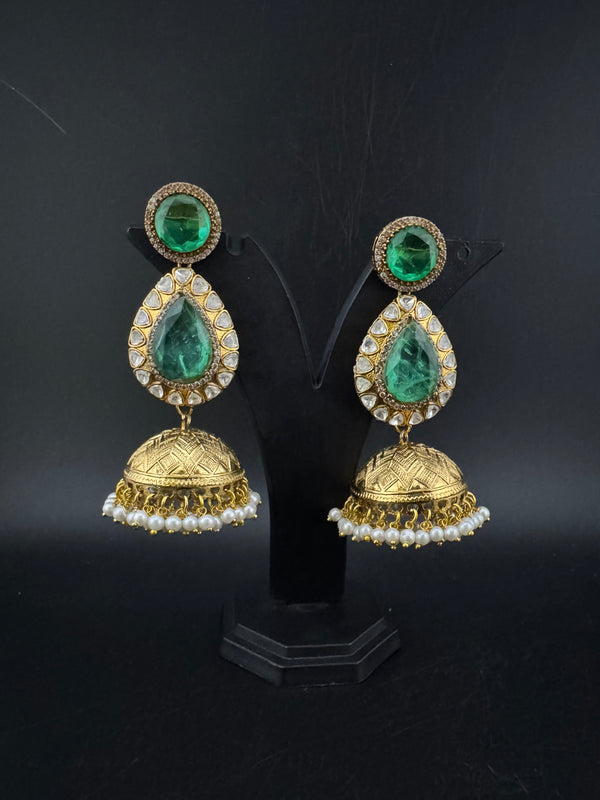 Amrapali Inspired Kundan, Doublet Stone, Pearls Long Jhumka Earrings, Matt Gold Designer Jewelry