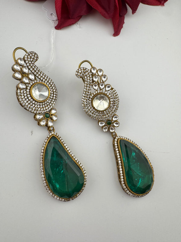 Kundan, CZ, Gold, Doublet Stone Chandelier Long Earrings, Bridal, Moissanite, CZ, Peacock Designer jewelry