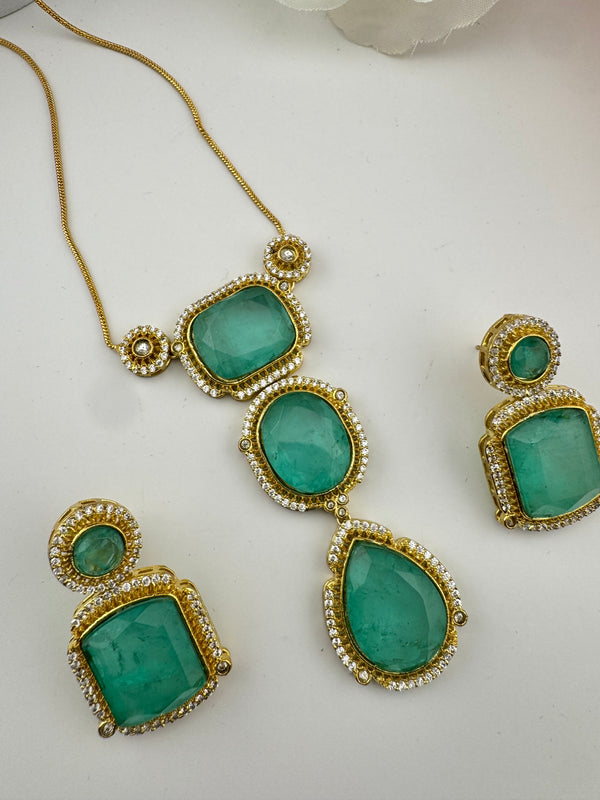 Doublet Stone Pendant Necklace Set with Matching Earrings, Brass CZ Jewelry