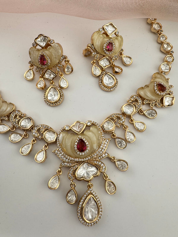 Kundan, Moissanite, MOP, CZ Flexible Gold necklace set, Indian Bridal Jewelry