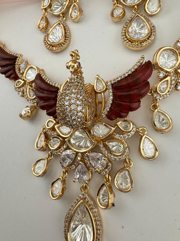Kundan, Moissanite, Red MOP, CZ Flexible Peacock Gold necklace set, Indian Bridal Jewelry