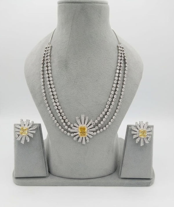 Swarovski Crystals and CZ Diamond star burst Necklace Set, White Gold Plated set