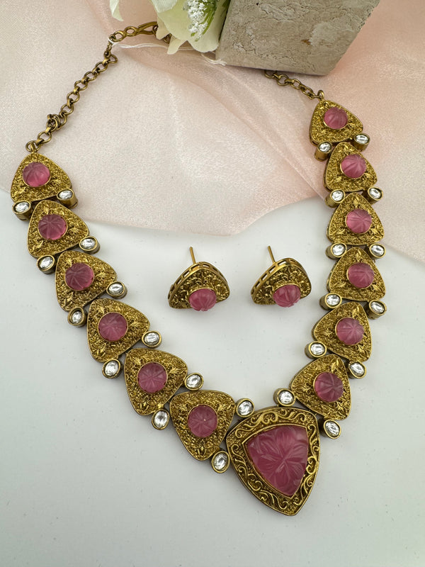 Kundan, Carved Stone, Gold plated necklace set, Indian Bridal Jewelry set