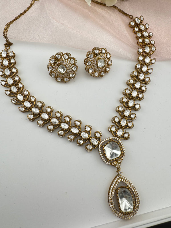 Stones, CZ, Kundan Gold necklace set, Indian Bridal Jewelry set