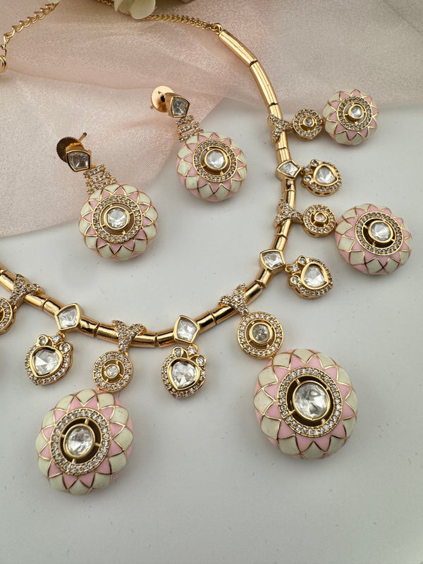 Enamel, Minakari, Kundan, CZ Gold plated Hasli necklace set, Indian Bridal Jewelry set