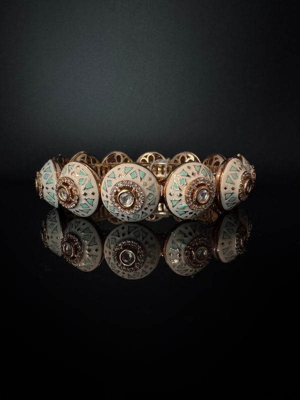 Moissanite Kundan, Enamel, CZ Rajwadi Pacheli Bracelet Bangle Kada, Gold Polish(fits 2.6" wrists)
