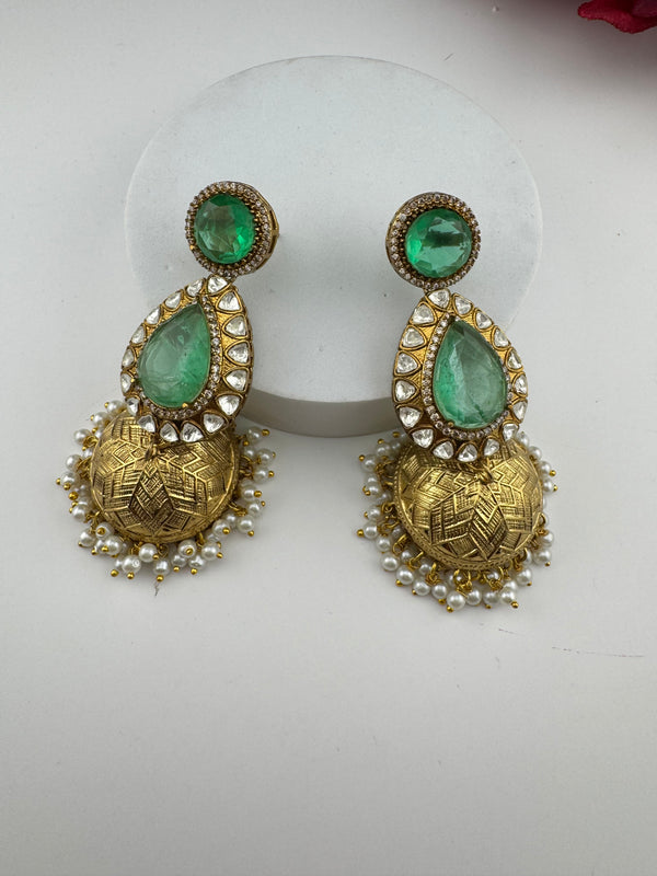 Amrapali Inspired Kundan, Doublet Stone, Pearls Long Jhumka Earrings, Matt Gold Designer Jewelry