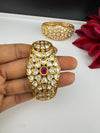 Moissanite Kundan, CZ Openable Bracelet Bangle, Gold Polish (Fits 2.6" wrists)