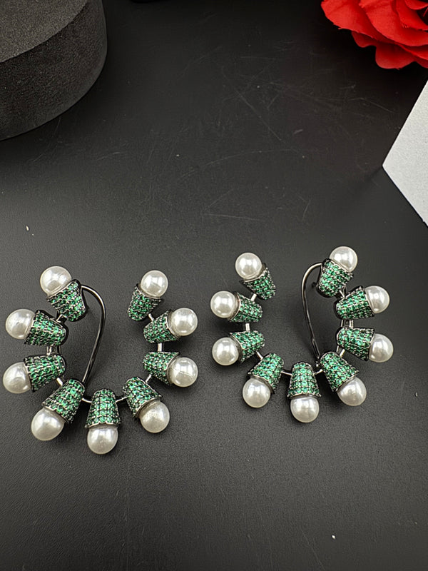 Premium Nano Setting Cubic Zirconia pearl Oversized Studs earrings in silver color is designer Inspired Statement earring/Bridal, Indian