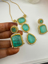 Doublet Stone Pendant Necklace Set with Matching Earrings, Brass CZ Jewelry
