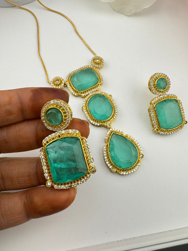 Doublet Stone Pendant Necklace Set with Matching Earrings, Brass CZ Jewelry