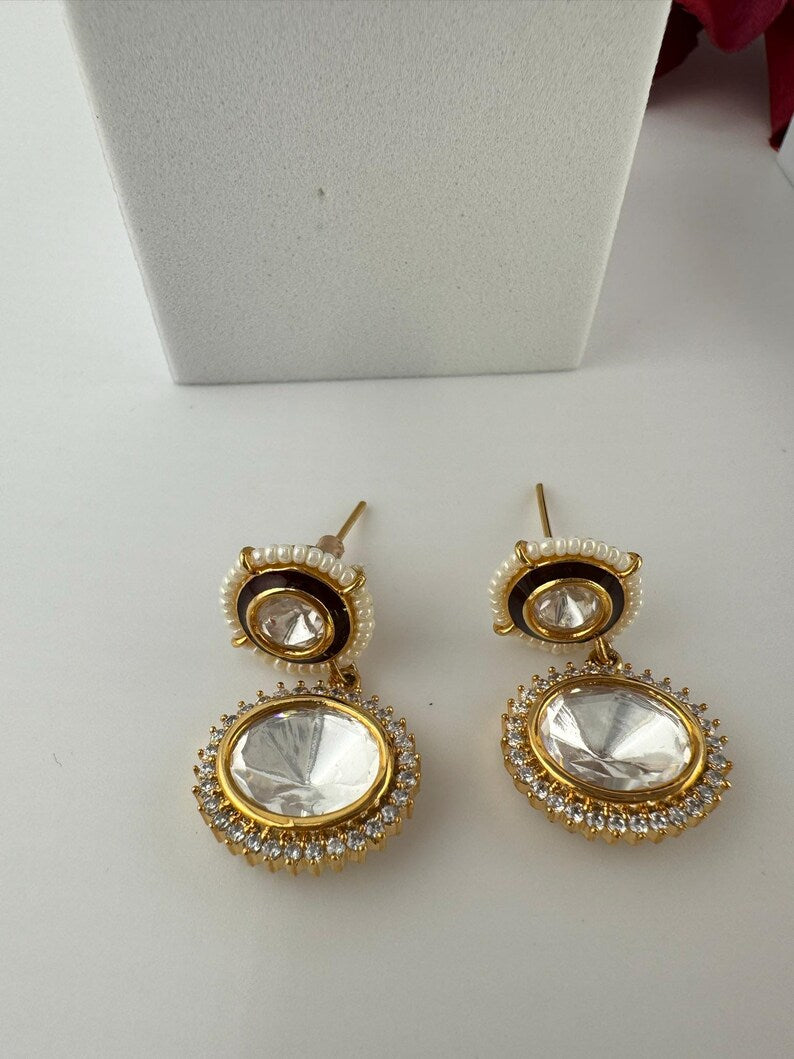Premium Drop earring with uncut Kundan, CZ, pearls is Tyaani inspired Earrings