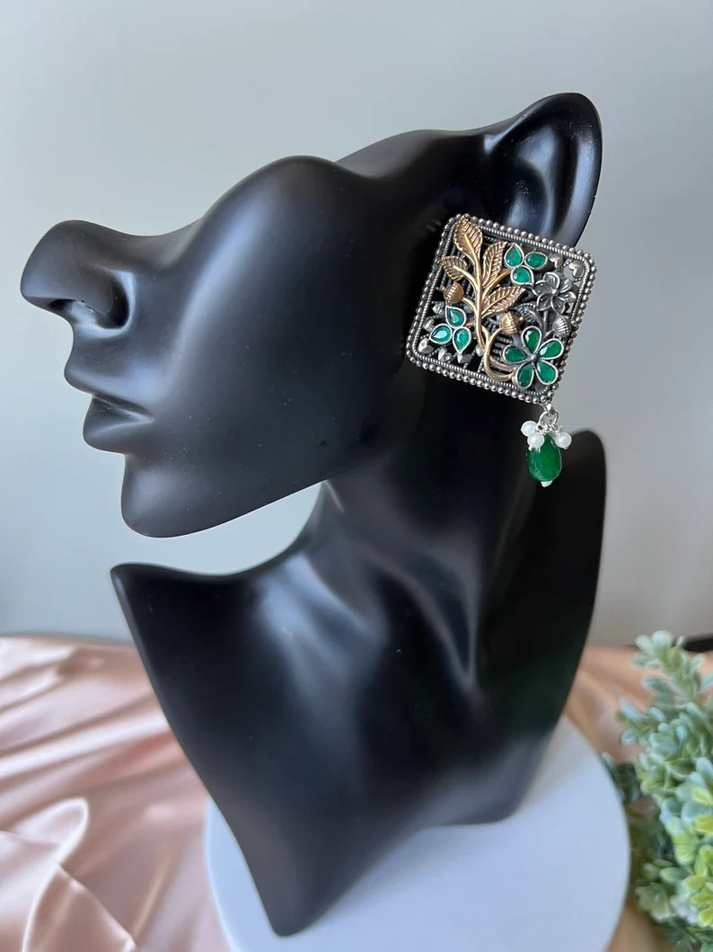 Green oxidized silver earring stud with stone and pearl, Oxidized silver earring