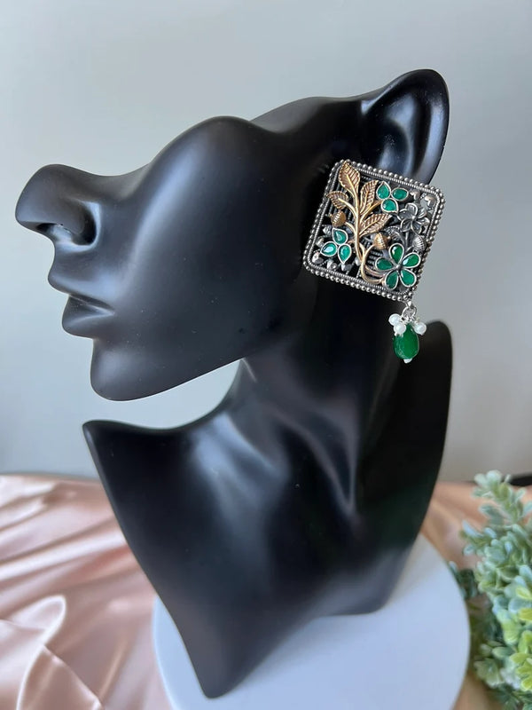 Green oxidized silver earring stud with stone and pearl, Oxidized silver earring