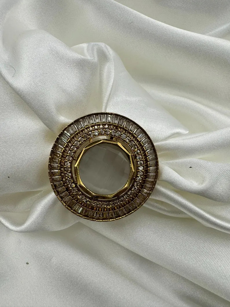 Monalisa stone, CZ Adjustable Finger Ring