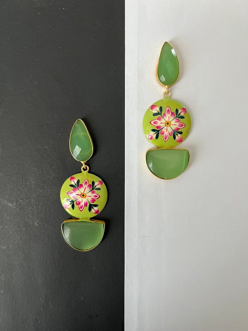 Gold and Light Green earring with Minakari and Monalisa Stone