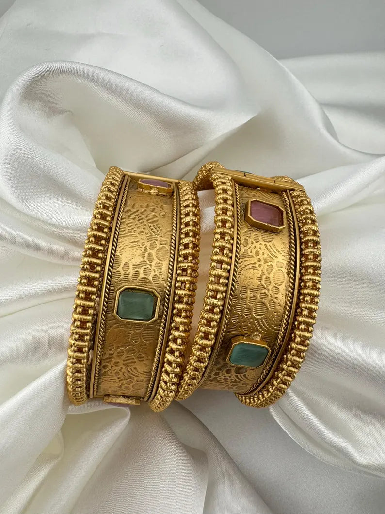 Amrapali inspired Designer Openable Broad bangle in Matt Gold finish set of 2
