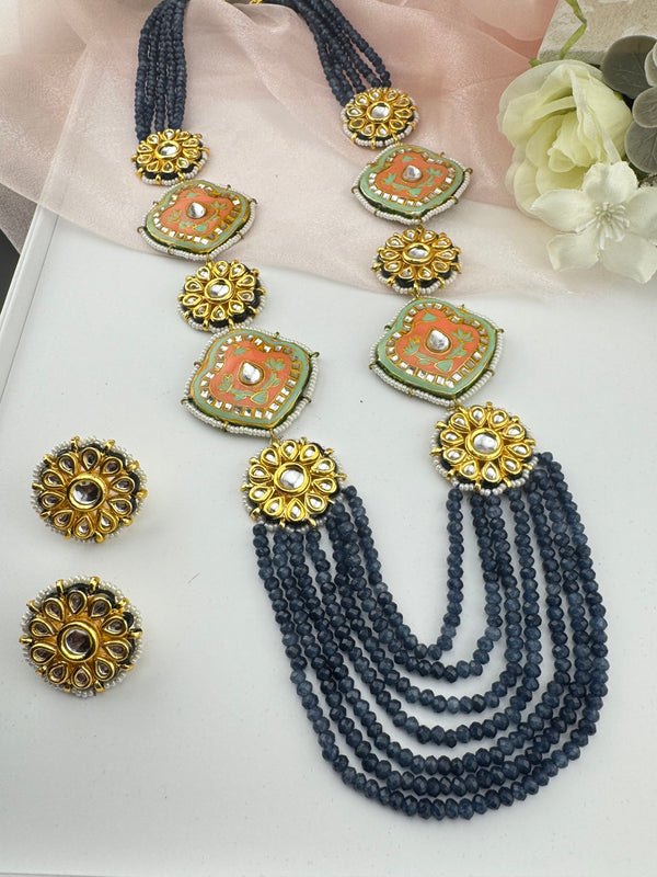 Kundan, Enamel, Minakari, Hydro Beads Long Gold Choker necklace set, Double sided Rani haar