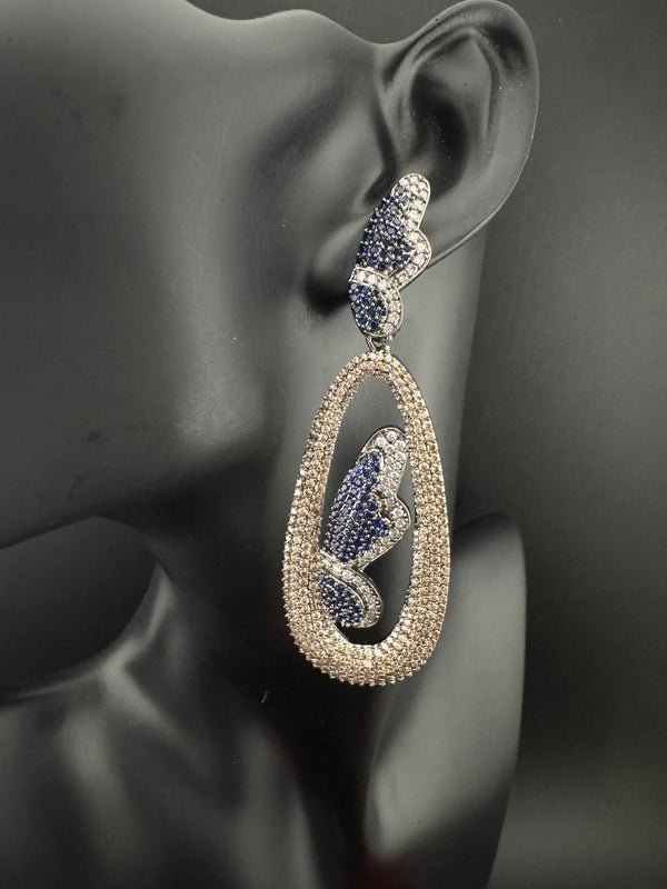 Premium Nano Setting Cubic Zirconia Victorian Long earrings in Butterfly Drop shape, designer Inspired Statement long drop dangle earrings